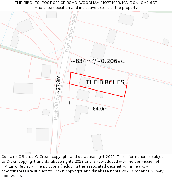 THE BIRCHES, POST OFFICE ROAD, WOODHAM MORTIMER, MALDON, CM9 6ST: Plot and title map