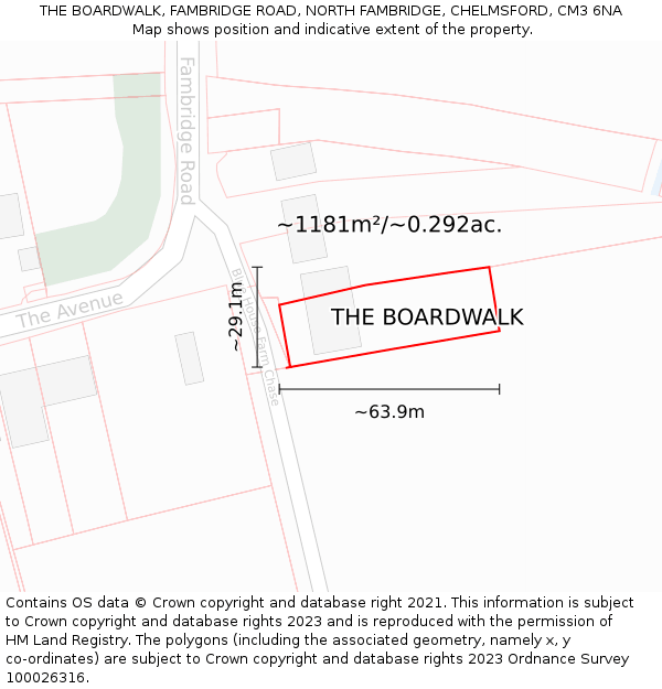 THE BOARDWALK, FAMBRIDGE ROAD, NORTH FAMBRIDGE, CHELMSFORD, CM3 6NA: Plot and title map