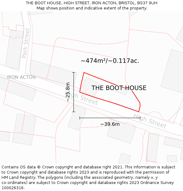 THE BOOT HOUSE, HIGH STREET, IRON ACTON, BRISTOL, BS37 9UH: Plot and title map