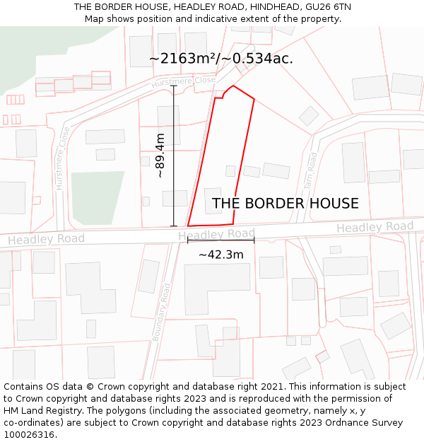 THE BORDER HOUSE, HEADLEY ROAD, HINDHEAD, GU26 6TN: Plot and title map