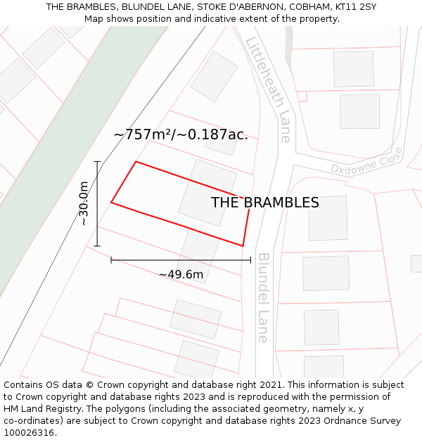 THE BRAMBLES, BLUNDEL LANE, STOKE D'ABERNON, COBHAM, KT11 2SY: Plot and title map