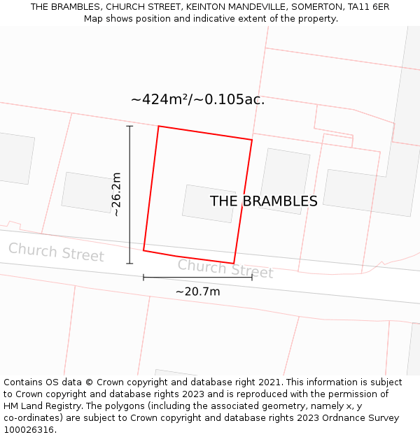 THE BRAMBLES, CHURCH STREET, KEINTON MANDEVILLE, SOMERTON, TA11 6ER: Plot and title map