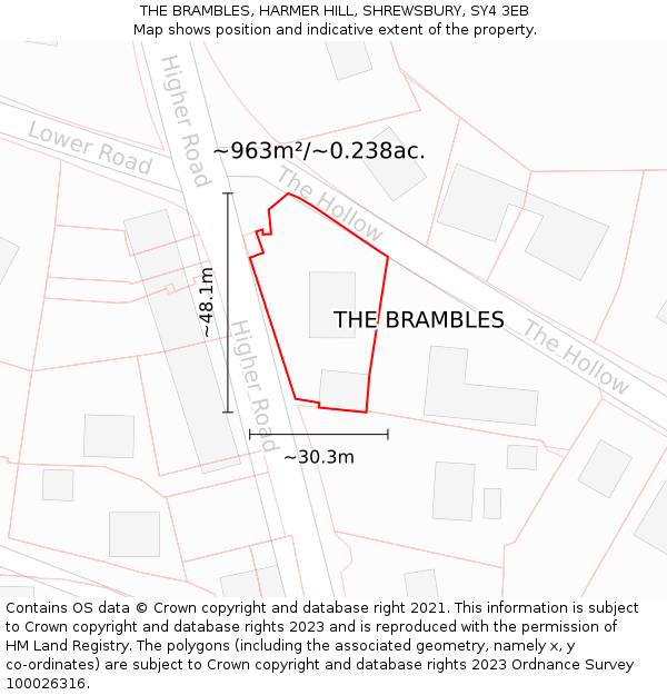 THE BRAMBLES, HARMER HILL, SHREWSBURY, SY4 3EB: Plot and title map