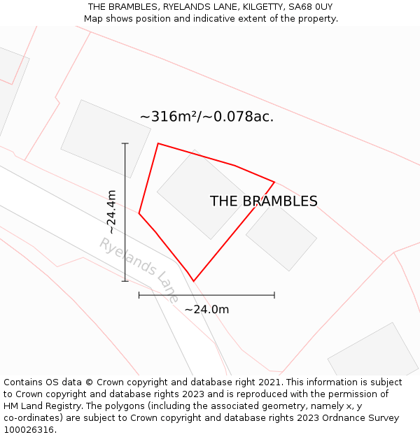 THE BRAMBLES, RYELANDS LANE, KILGETTY, SA68 0UY: Plot and title map