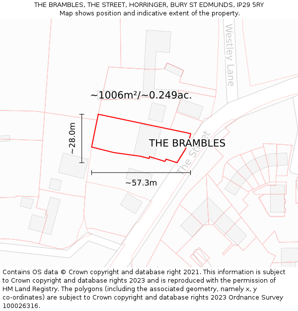 THE BRAMBLES, THE STREET, HORRINGER, BURY ST EDMUNDS, IP29 5RY: Plot and title map