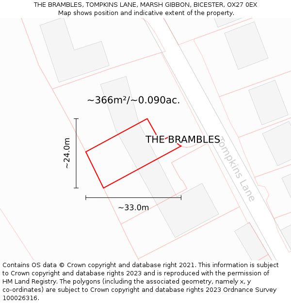 THE BRAMBLES, TOMPKINS LANE, MARSH GIBBON, BICESTER, OX27 0EX: Plot and title map