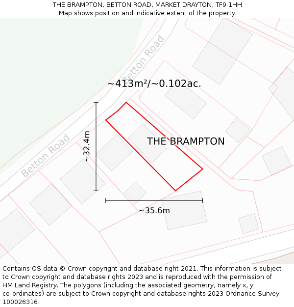 THE BRAMPTON, BETTON ROAD, MARKET DRAYTON, TF9 1HH: Plot and title map