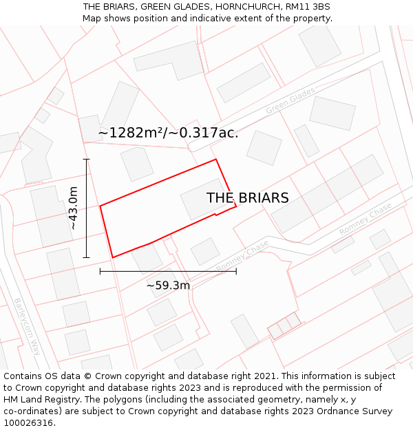THE BRIARS, GREEN GLADES, HORNCHURCH, RM11 3BS: Plot and title map
