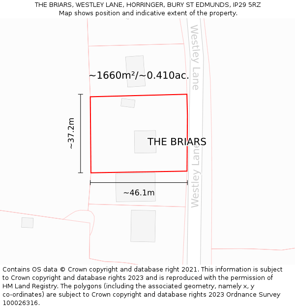 THE BRIARS, WESTLEY LANE, HORRINGER, BURY ST EDMUNDS, IP29 5RZ: Plot and title map