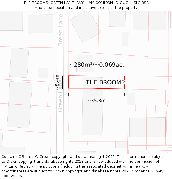 THE BROOMS, GREEN LANE, FARNHAM COMMON, SLOUGH, SL2 3SR: Plot and title map