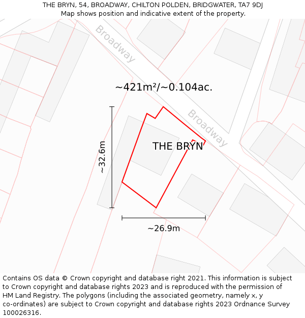 THE BRYN, 54, BROADWAY, CHILTON POLDEN, BRIDGWATER, TA7 9DJ: Plot and title map