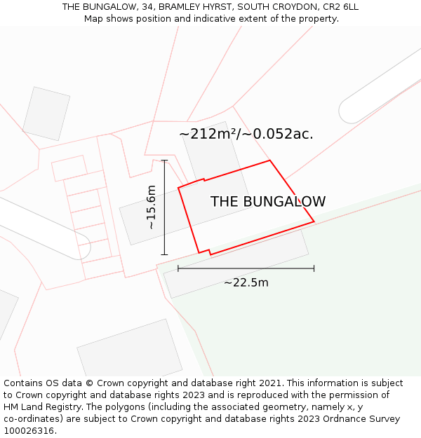THE BUNGALOW, 34, BRAMLEY HYRST, SOUTH CROYDON, CR2 6LL: Plot and title map