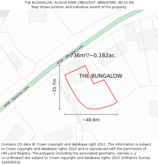 THE BUNGALOW, ACACIA PARK CRESCENT, BRADFORD, BD10 0PJ: Plot and title map