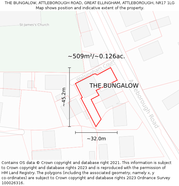 THE BUNGALOW, ATTLEBOROUGH ROAD, GREAT ELLINGHAM, ATTLEBOROUGH, NR17 1LG: Plot and title map