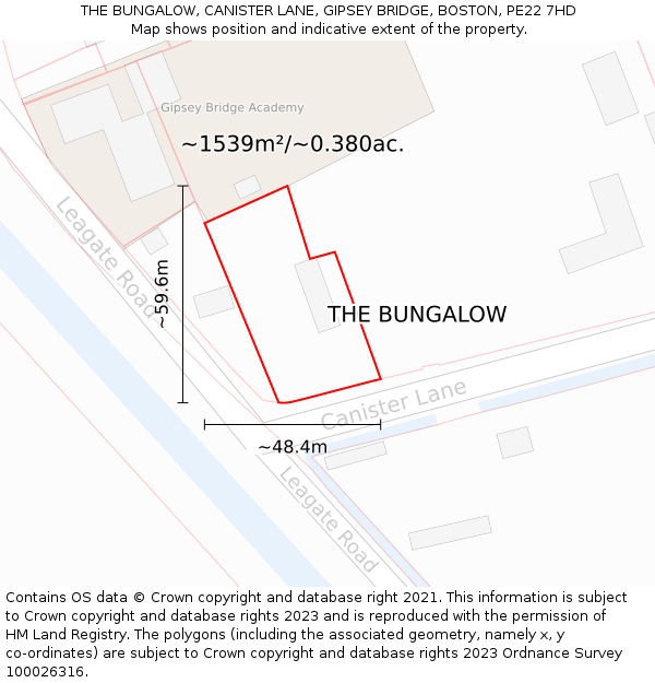 THE BUNGALOW, CANISTER LANE, GIPSEY BRIDGE, BOSTON, PE22 7HD: Plot and title map