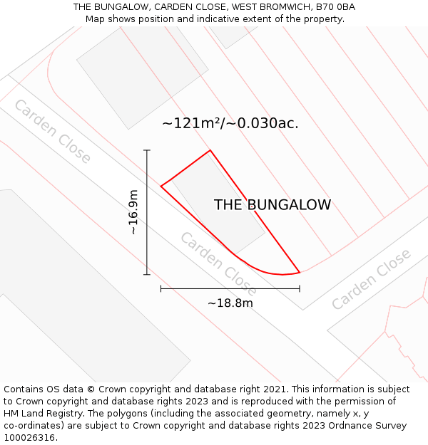 THE BUNGALOW, CARDEN CLOSE, WEST BROMWICH, B70 0BA: Plot and title map
