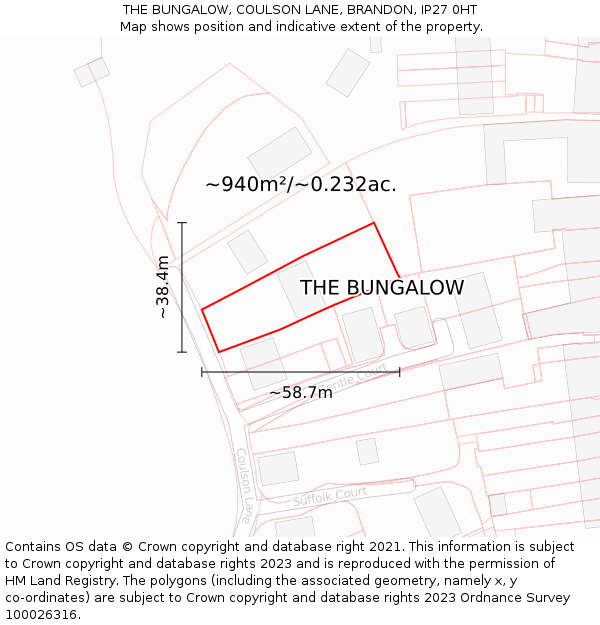 THE BUNGALOW, COULSON LANE, BRANDON, IP27 0HT: Plot and title map