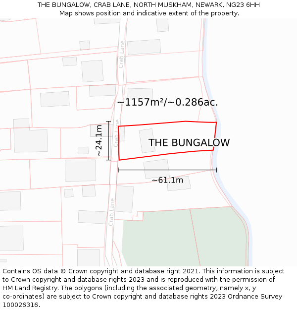 THE BUNGALOW, CRAB LANE, NORTH MUSKHAM, NEWARK, NG23 6HH: Plot and title map