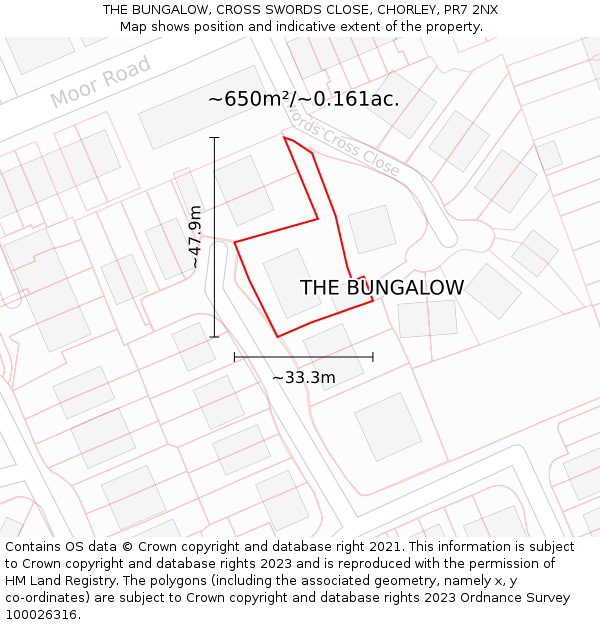 THE BUNGALOW, CROSS SWORDS CLOSE, CHORLEY, PR7 2NX: Plot and title map