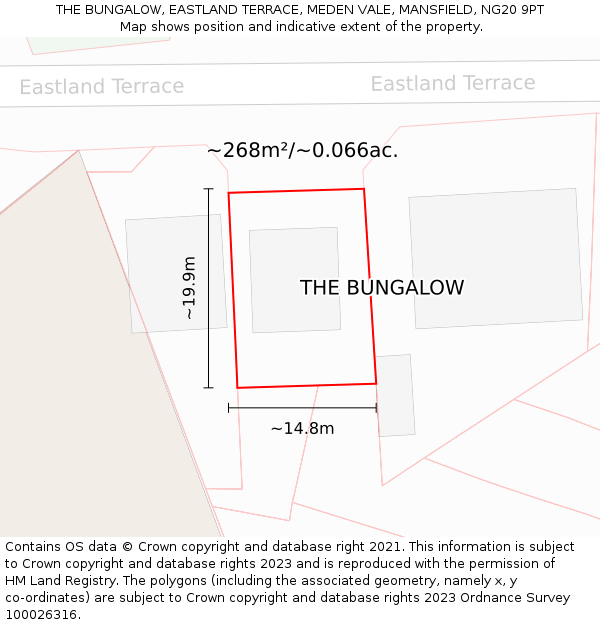 THE BUNGALOW, EASTLAND TERRACE, MEDEN VALE, MANSFIELD, NG20 9PT: Plot and title map