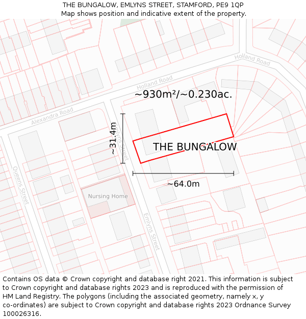 THE BUNGALOW, EMLYNS STREET, STAMFORD, PE9 1QP: Plot and title map
