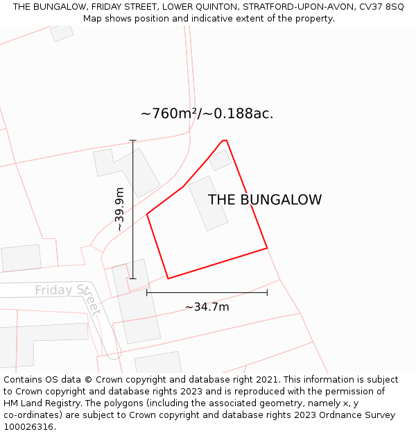 THE BUNGALOW, FRIDAY STREET, LOWER QUINTON, STRATFORD-UPON-AVON, CV37 8SQ: Plot and title map