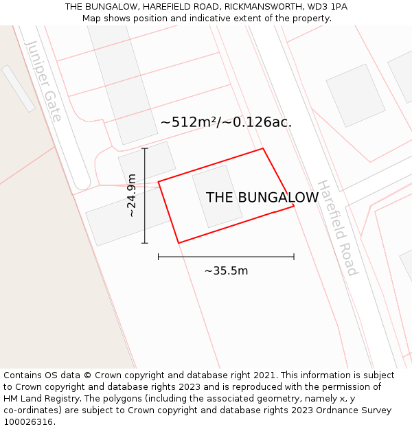 THE BUNGALOW, HAREFIELD ROAD, RICKMANSWORTH, WD3 1PA: Plot and title map