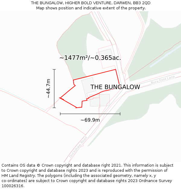 THE BUNGALOW, HIGHER BOLD VENTURE, DARWEN, BB3 2QD: Plot and title map