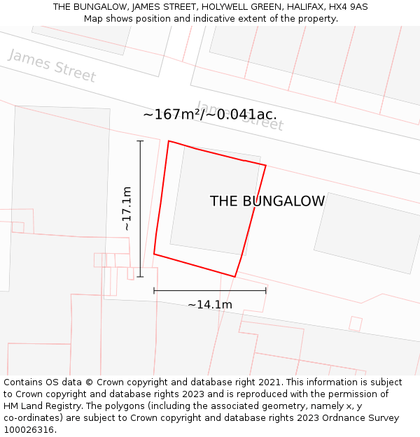 THE BUNGALOW, JAMES STREET, HOLYWELL GREEN, HALIFAX, HX4 9AS: Plot and title map