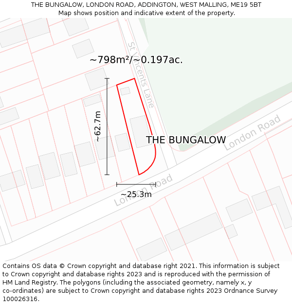 THE BUNGALOW, LONDON ROAD, ADDINGTON, WEST MALLING, ME19 5BT: Plot and title map