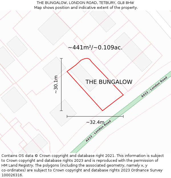 THE BUNGALOW, LONDON ROAD, TETBURY, GL8 8HW: Plot and title map