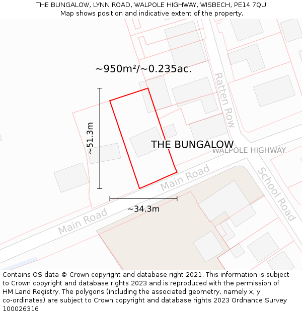 THE BUNGALOW, LYNN ROAD, WALPOLE HIGHWAY, WISBECH, PE14 7QU: Plot and title map