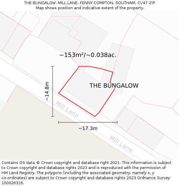 THE BUNGALOW, MILL LANE, FENNY COMPTON, SOUTHAM, CV47 2YF: Plot and title map