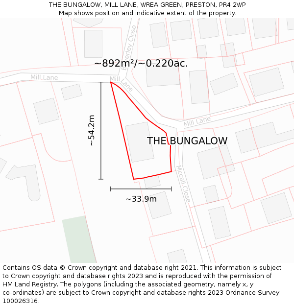 THE BUNGALOW, MILL LANE, WREA GREEN, PRESTON, PR4 2WP: Plot and title map