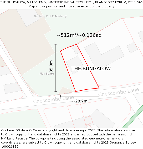 THE BUNGALOW, MILTON END, WINTERBORNE WHITECHURCH, BLANDFORD FORUM, DT11 0AN: Plot and title map