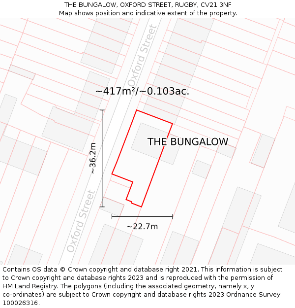 THE BUNGALOW, OXFORD STREET, RUGBY, CV21 3NF: Plot and title map