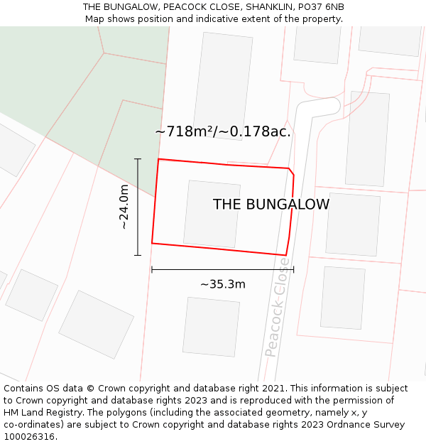 THE BUNGALOW, PEACOCK CLOSE, SHANKLIN, PO37 6NB: Plot and title map