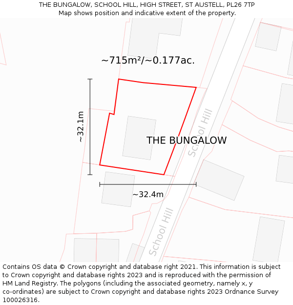 THE BUNGALOW, SCHOOL HILL, HIGH STREET, ST AUSTELL, PL26 7TP: Plot and title map