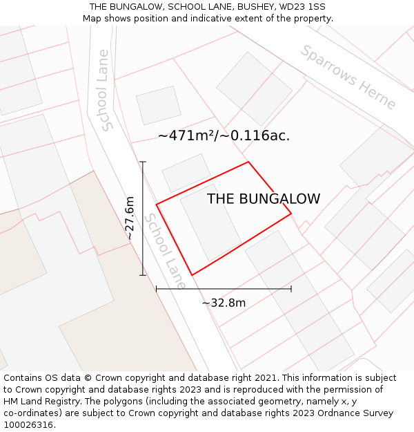 THE BUNGALOW, SCHOOL LANE, BUSHEY, WD23 1SS: Plot and title map