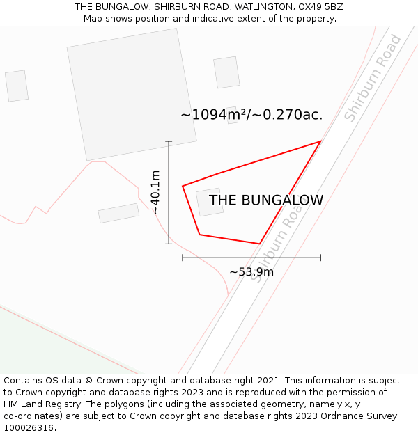 THE BUNGALOW, SHIRBURN ROAD, WATLINGTON, OX49 5BZ: Plot and title map