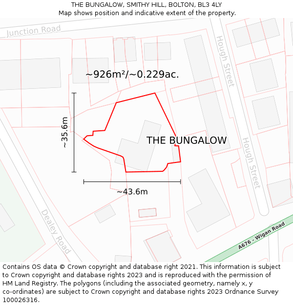 THE BUNGALOW, SMITHY HILL, BOLTON, BL3 4LY: Plot and title map