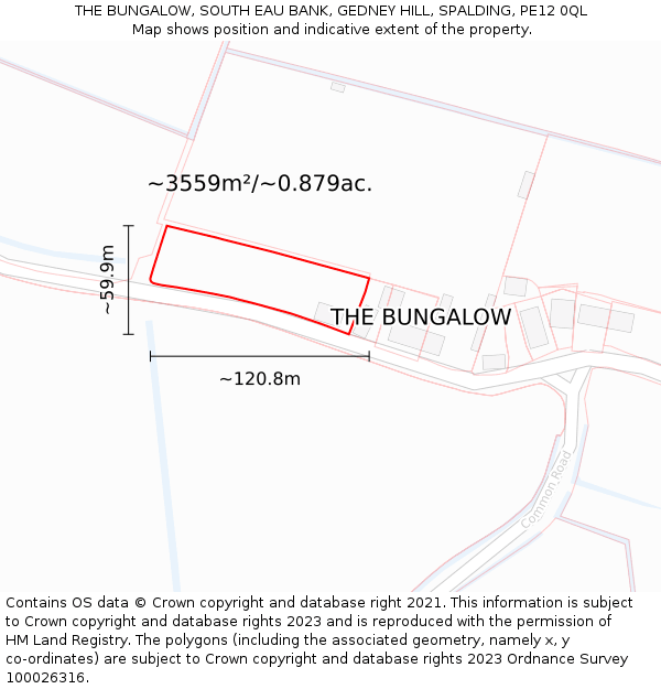 THE BUNGALOW, SOUTH EAU BANK, GEDNEY HILL, SPALDING, PE12 0QL: Plot and title map