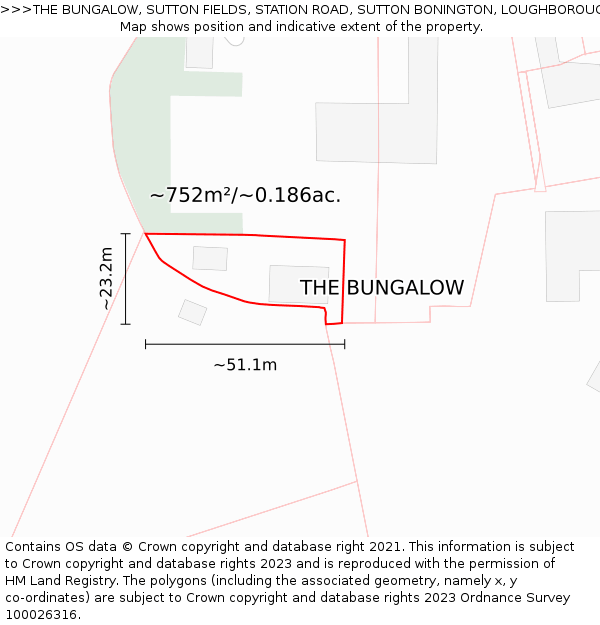 THE BUNGALOW, SUTTON FIELDS, STATION ROAD, SUTTON BONINGTON, LOUGHBOROUGH, LE12 5NU: Plot and title map