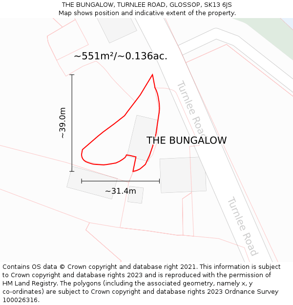 THE BUNGALOW, TURNLEE ROAD, GLOSSOP, SK13 6JS: Plot and title map