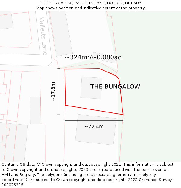 THE BUNGALOW, VALLETTS LANE, BOLTON, BL1 6DY: Plot and title map