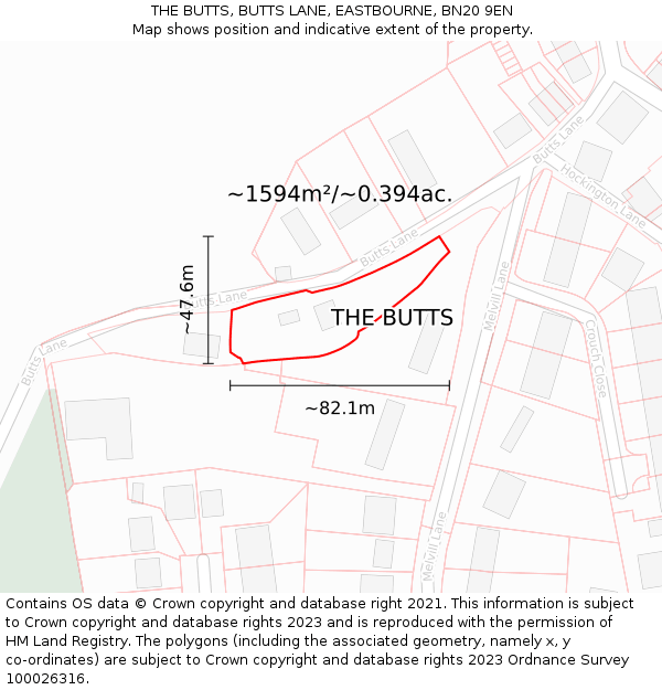 THE BUTTS, BUTTS LANE, EASTBOURNE, BN20 9EN: Plot and title map