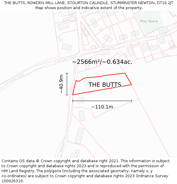 THE BUTTS, ROWDEN MILL LANE, STOURTON CAUNDLE, STURMINSTER NEWTON, DT10 2JT: Plot and title map