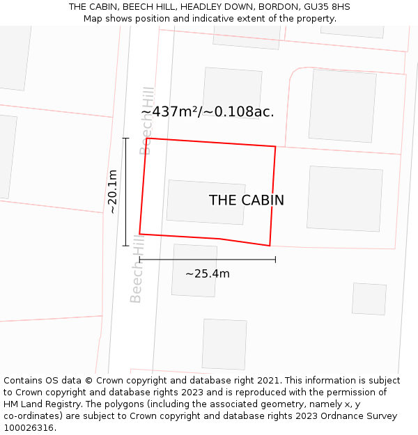 THE CABIN, BEECH HILL, HEADLEY DOWN, BORDON, GU35 8HS: Plot and title map