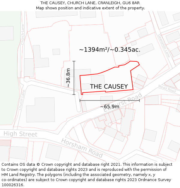 THE CAUSEY, CHURCH LANE, CRANLEIGH, GU6 8AR: Plot and title map