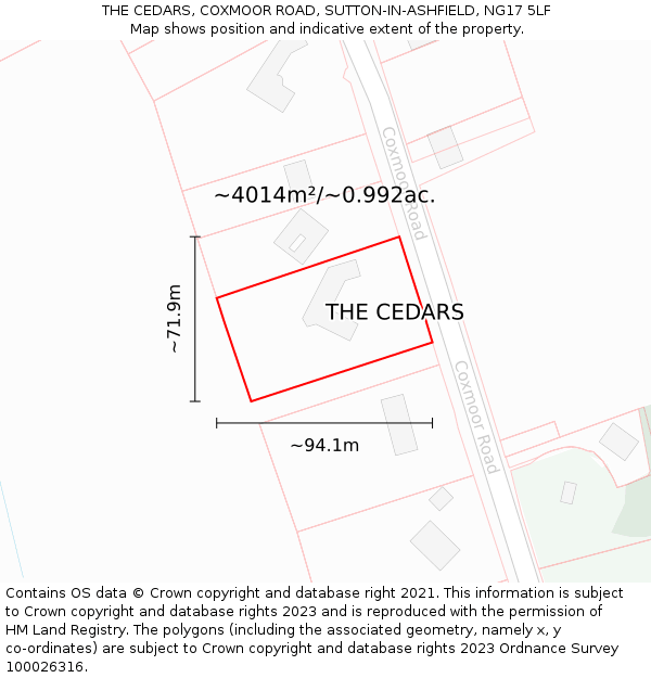 THE CEDARS, COXMOOR ROAD, SUTTON-IN-ASHFIELD, NG17 5LF: Plot and title map